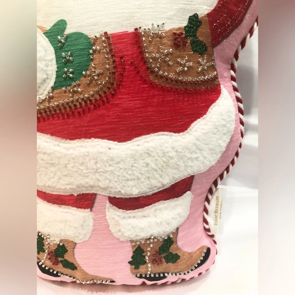 Isaac Mizrahi Christmas embellished festive cowboy western Santa pink pillow new